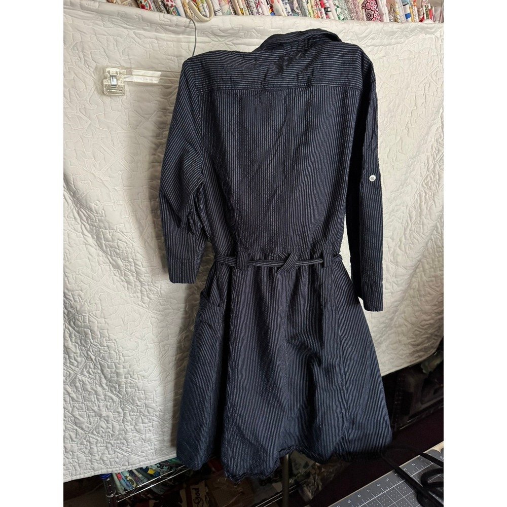 White Stag Navy Pinstripe Seersucker Shirt Dress Cotton Button Front Medium 8/10 - Picture 2 of 5